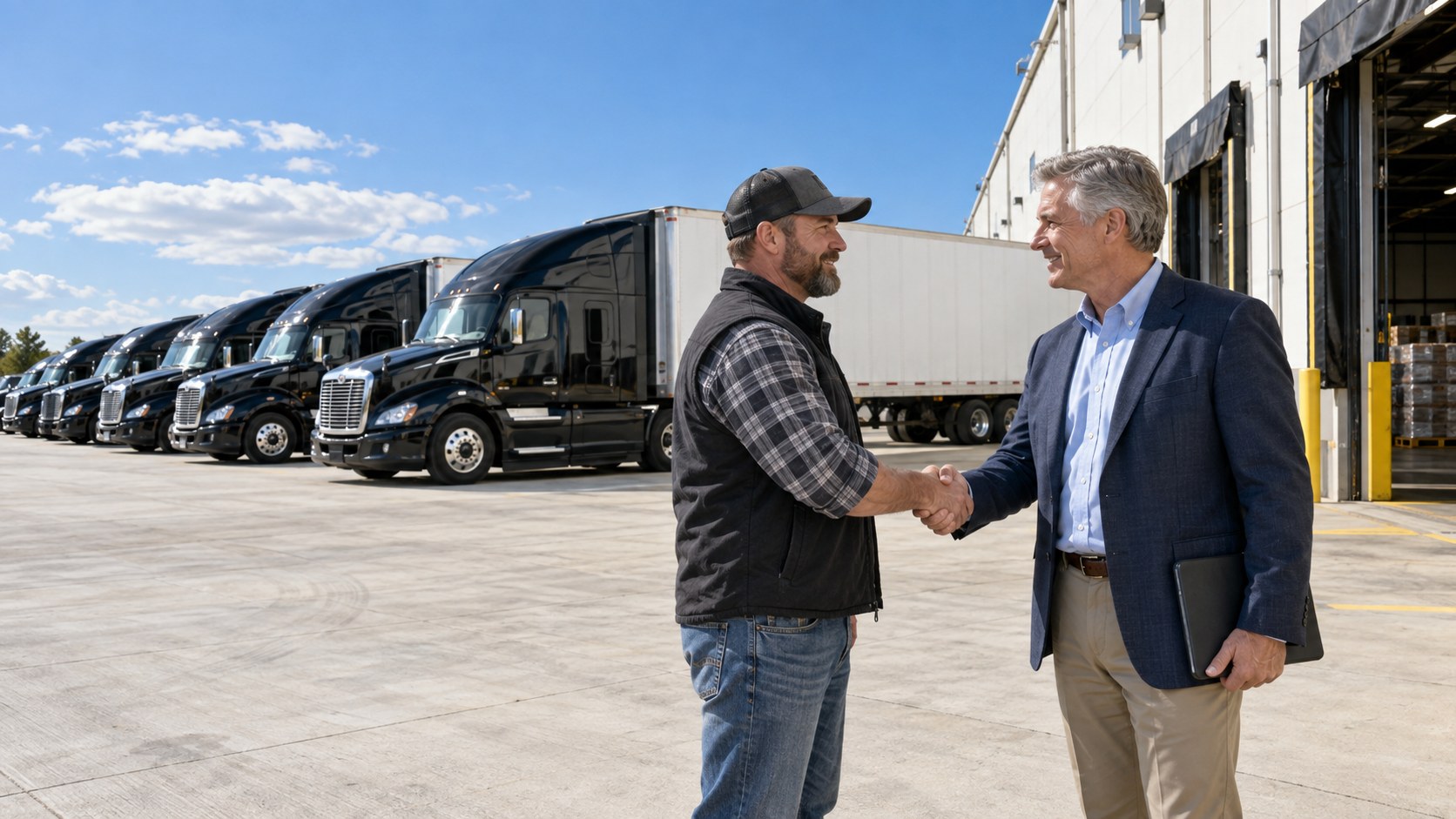 Fleet owner shaking hands with a shipper on a bright loading dock, a clean row of tractors behind them