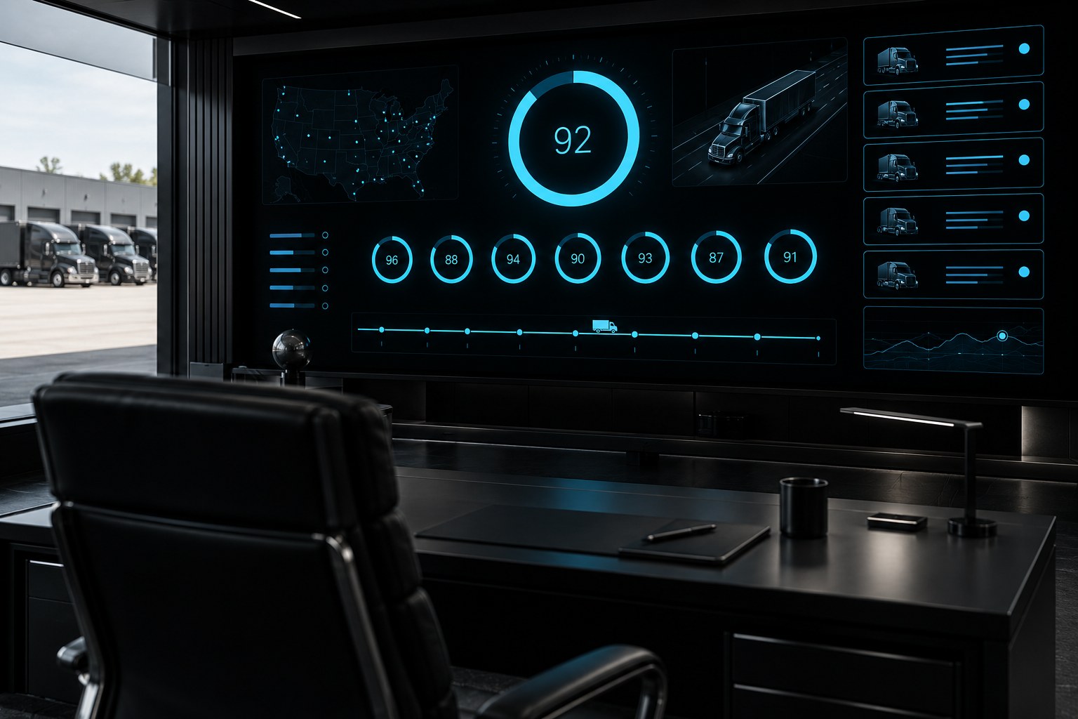 X3 Insurability command center: one large ring score, seven BASIC gauges, a renewal timeline and a ranked fix list on a wall display