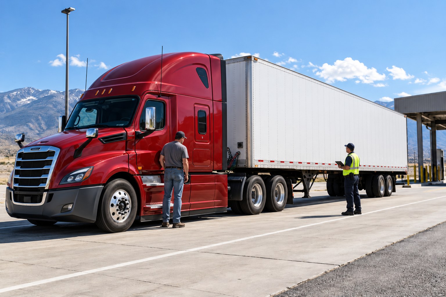 Roadside inspector walking a tractor-trailer with a tablet at a bright inspection site while the driver waits at the cab