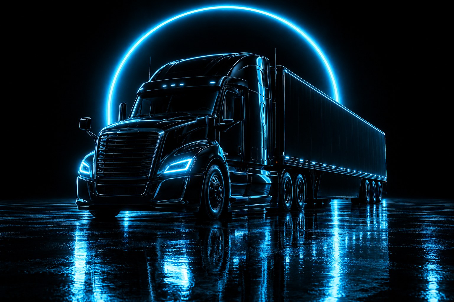 X3 Insurability: a black tractor under a ring of cyan light on a wet black floor