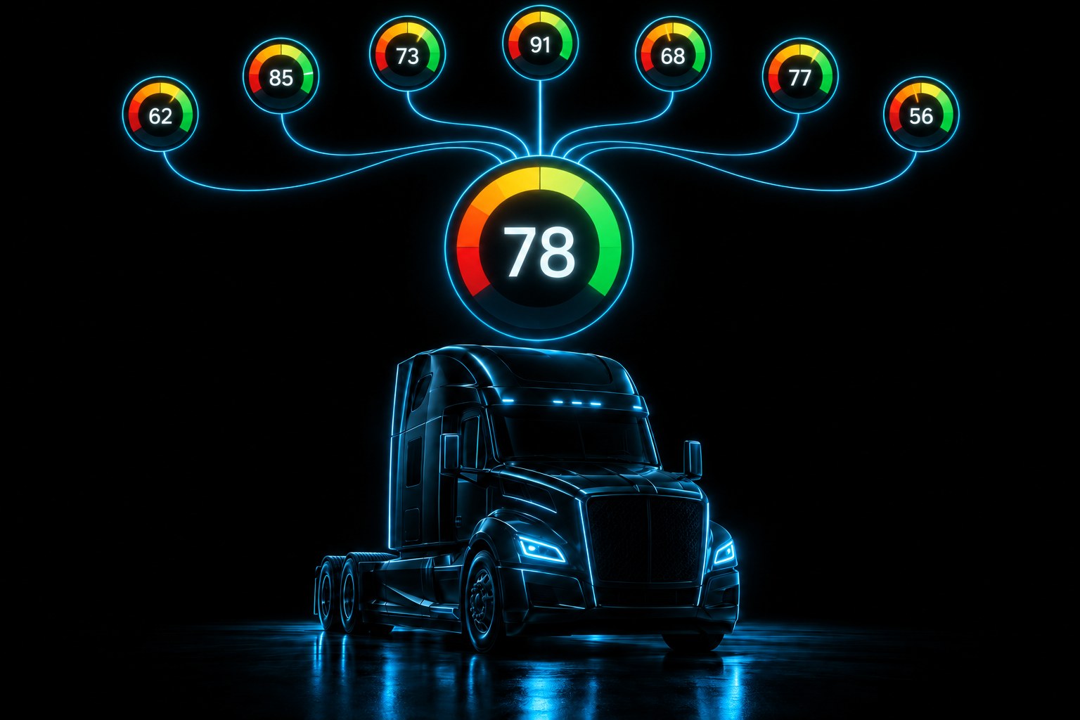 X3 fleet risk intelligence: seven cyan BASIC gauges feeding one large ring score above a black tractor silhouette