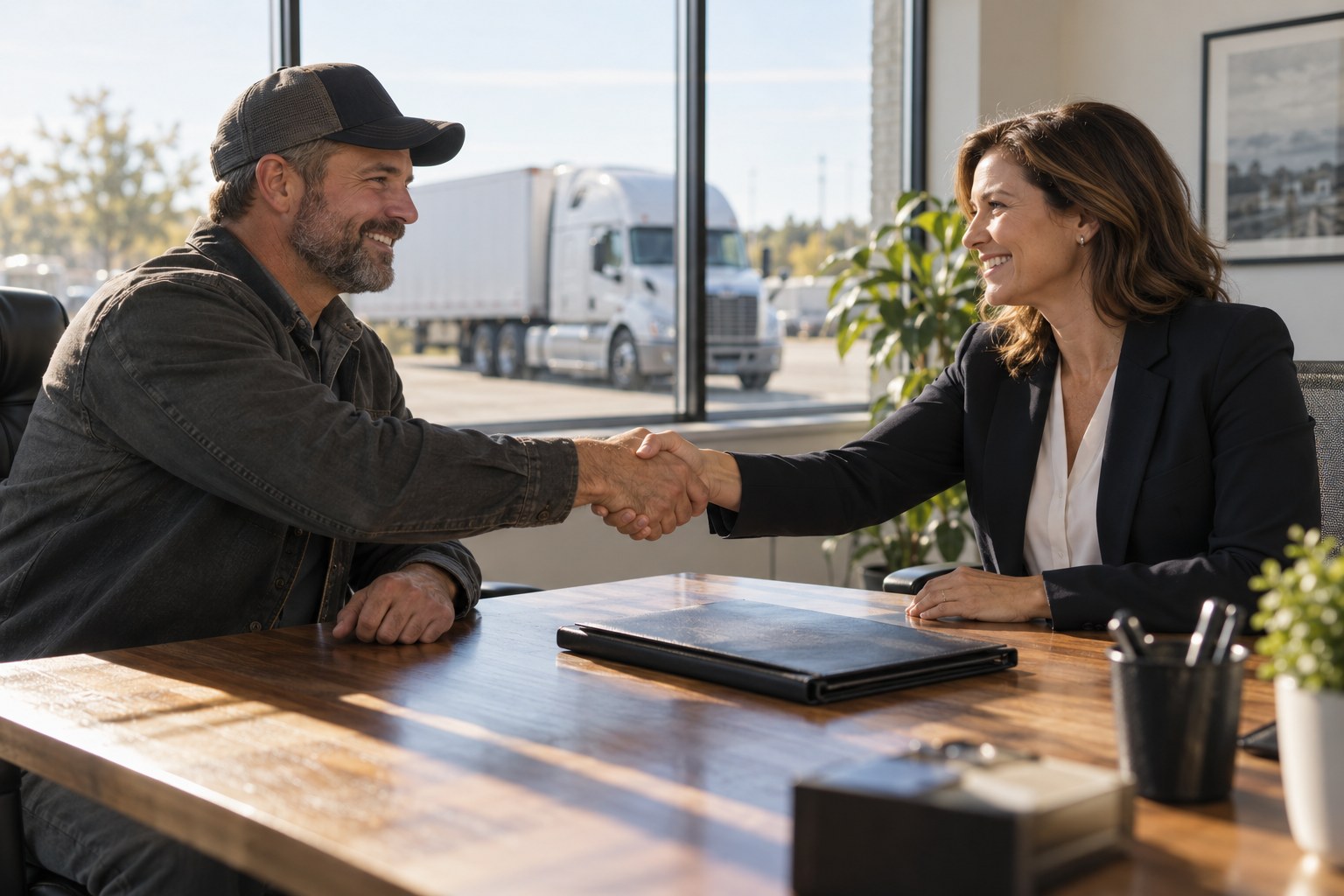 Fleet owner and insurance agent shaking hands across a bright office table with the renewal packet between them