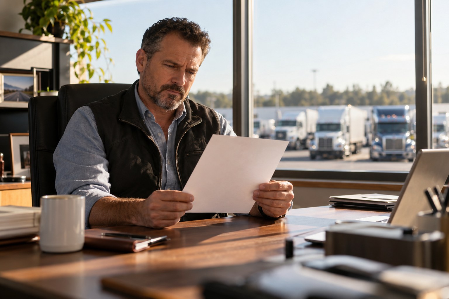 Fleet owner at a bright office desk reading a renewal letter, a truck yard through the window behind him