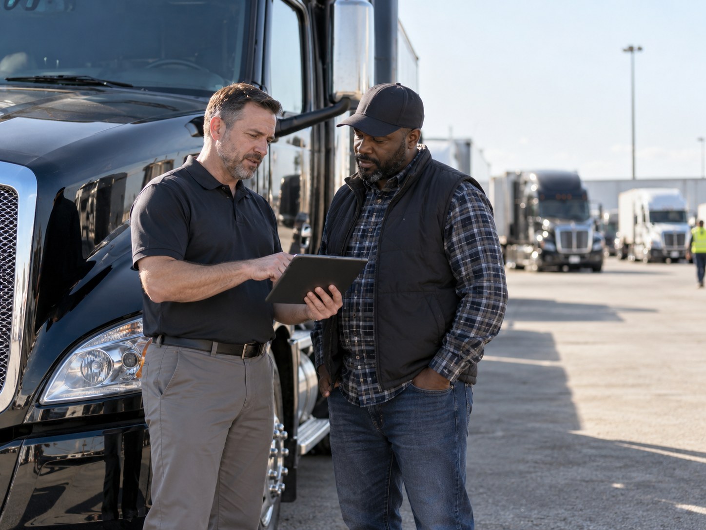 Safety manager coaching a driver beside a tractor in a bright terminal yard, tablet in hand